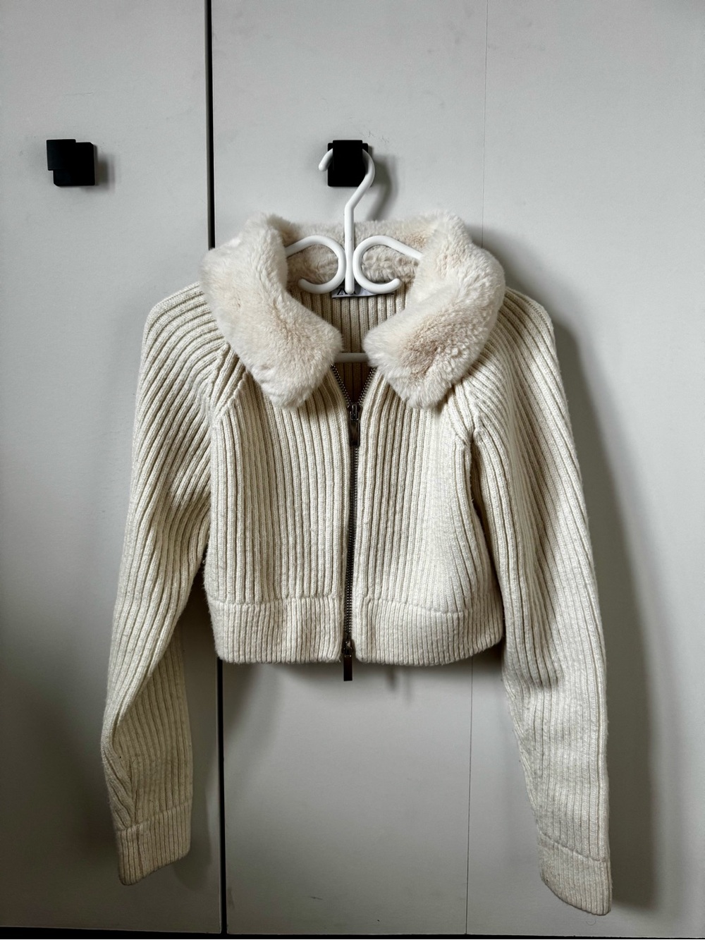 ZARA Ribbed Zip-Front Jacket with Faux Fur Collar
